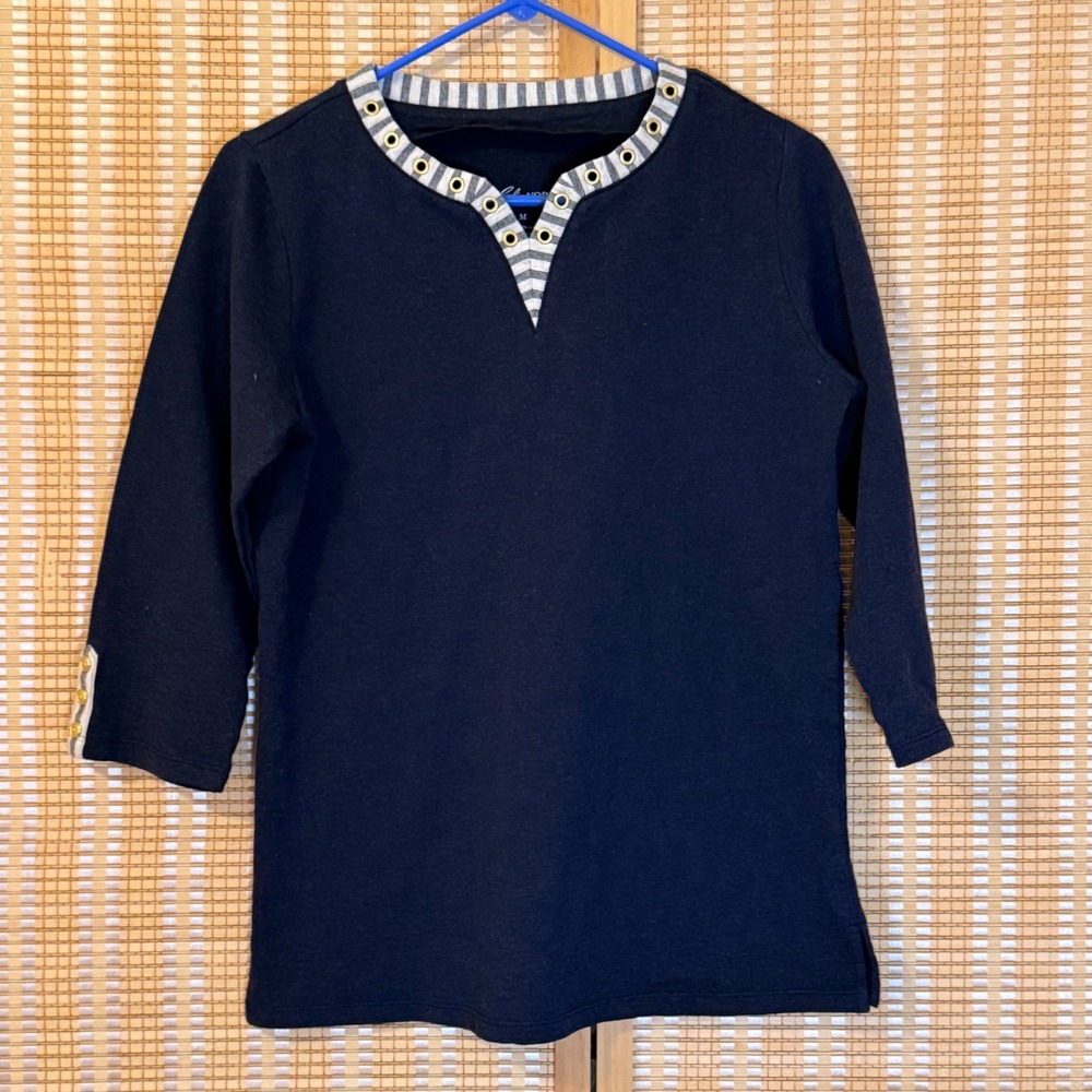 Cali‎ and York Navy Blue Grommet Split Neck 3/4 Sleeve Top Striped Trim Womens M